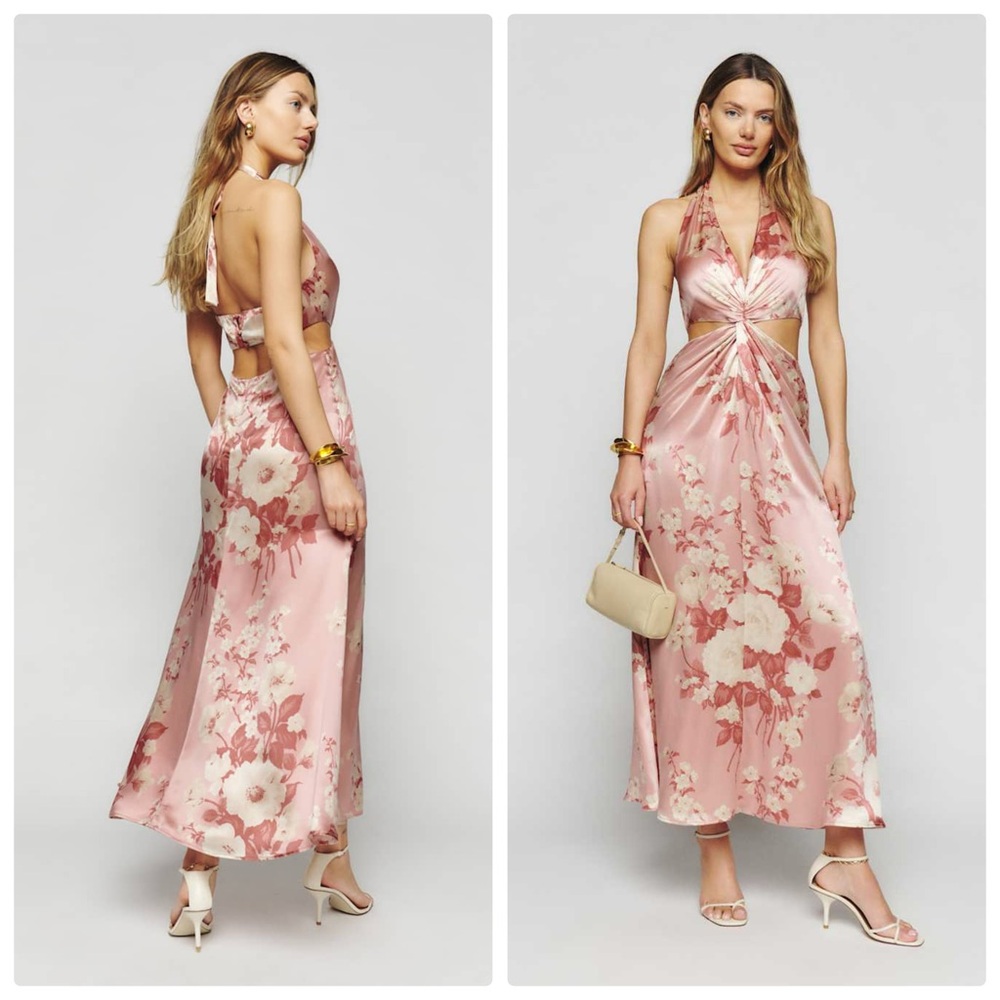 Reformation Pink Ruched Tiered Halter Sundress